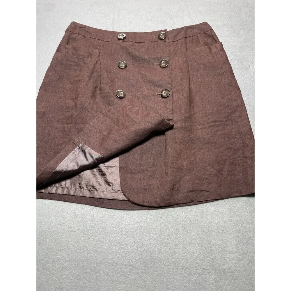 Focus 2000 Women Size 12 Brown‎ Linen Wrap Skirt Accent Buttons Lined Lagenlook